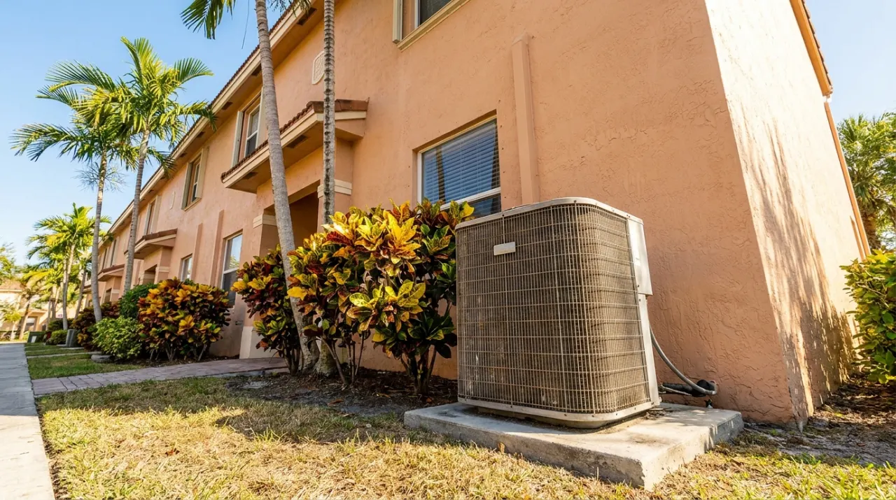 Illustrative image: an outdoor A/C condenser on a concrete pad beside a stucco home