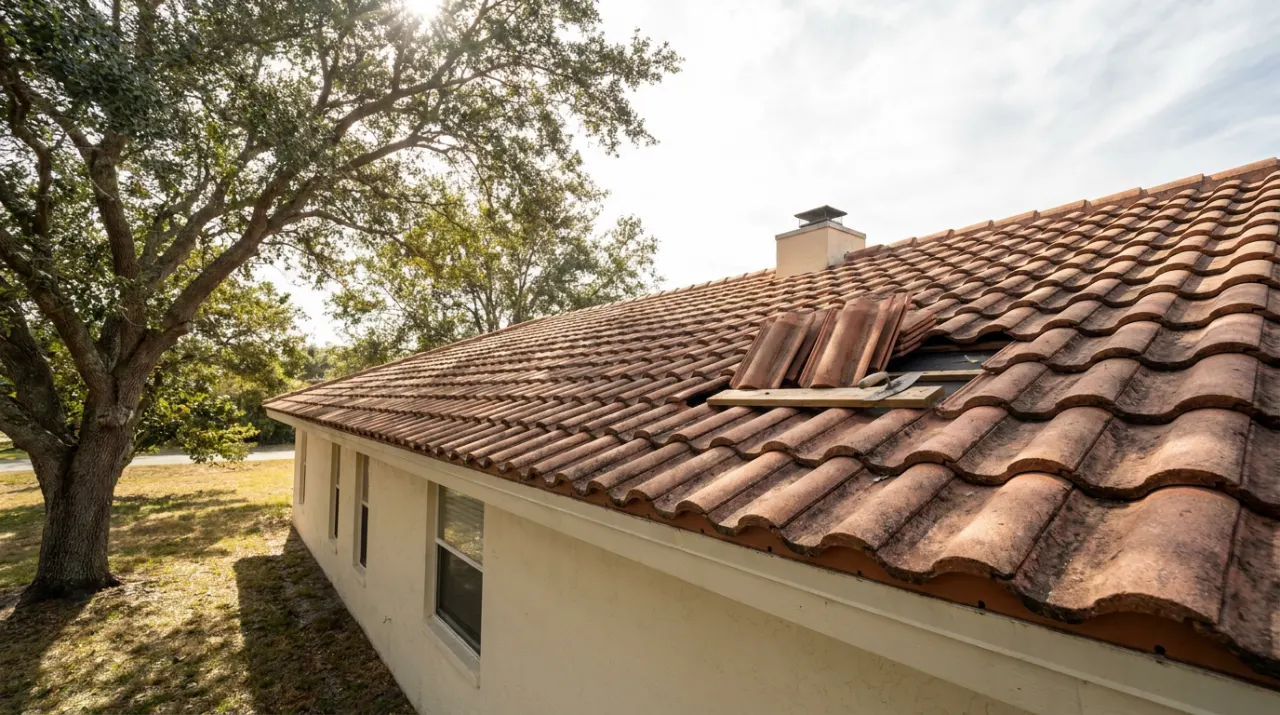Illustrative image: a section of concrete barrel-tile roof with a few tiles lifted for repair
