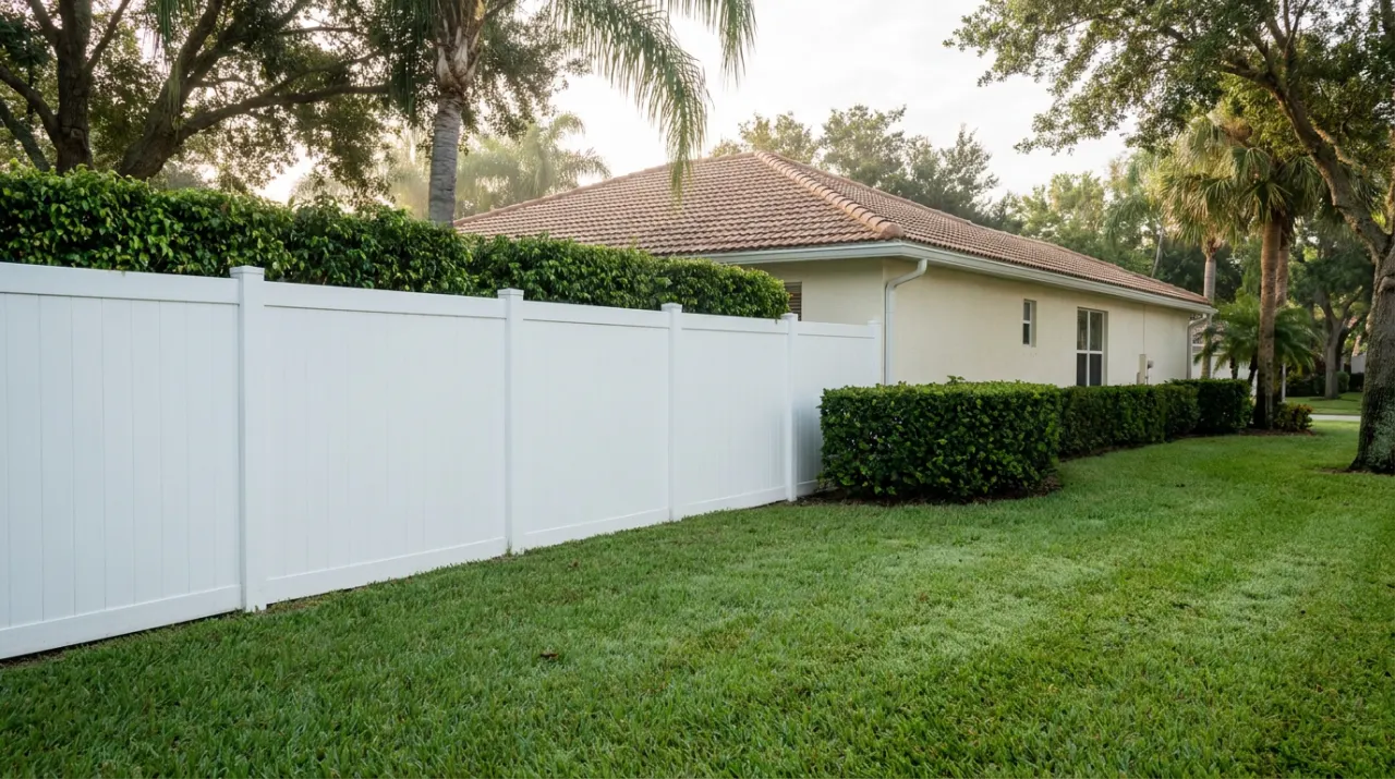 Illustrative image: a white vinyl privacy fence along a grassy backyard