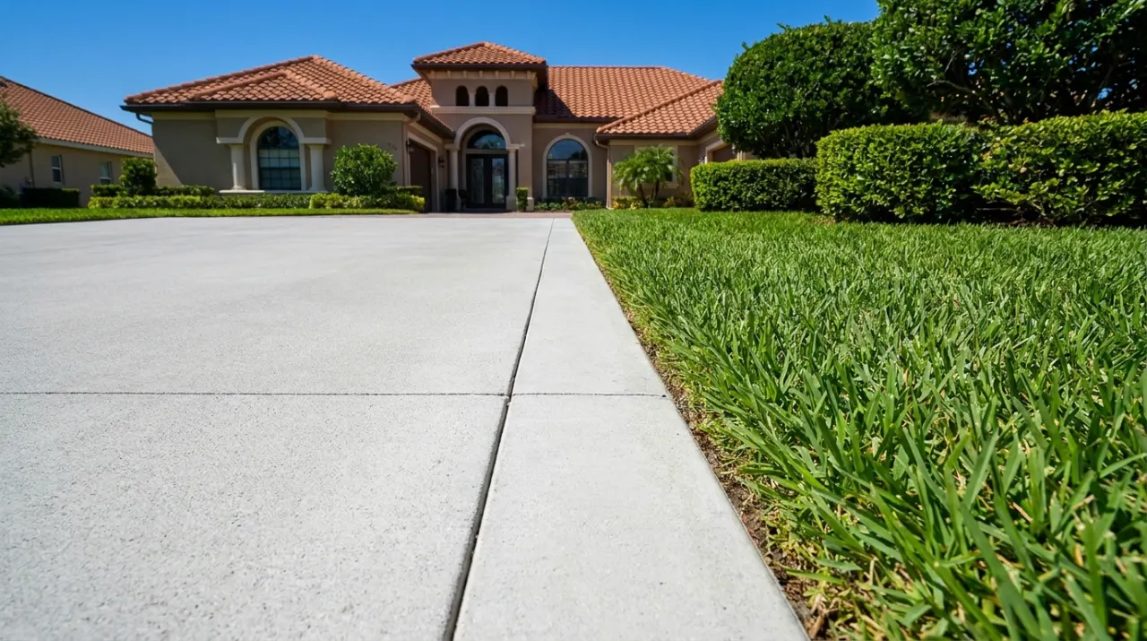 A freshly finished concrete walkway with a tooled edge and a saw-cut control joint beside a lawn.