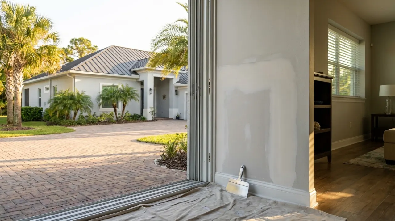A smooth, primed drywall patch on a living room wall with a taping knife on a drop cloth.