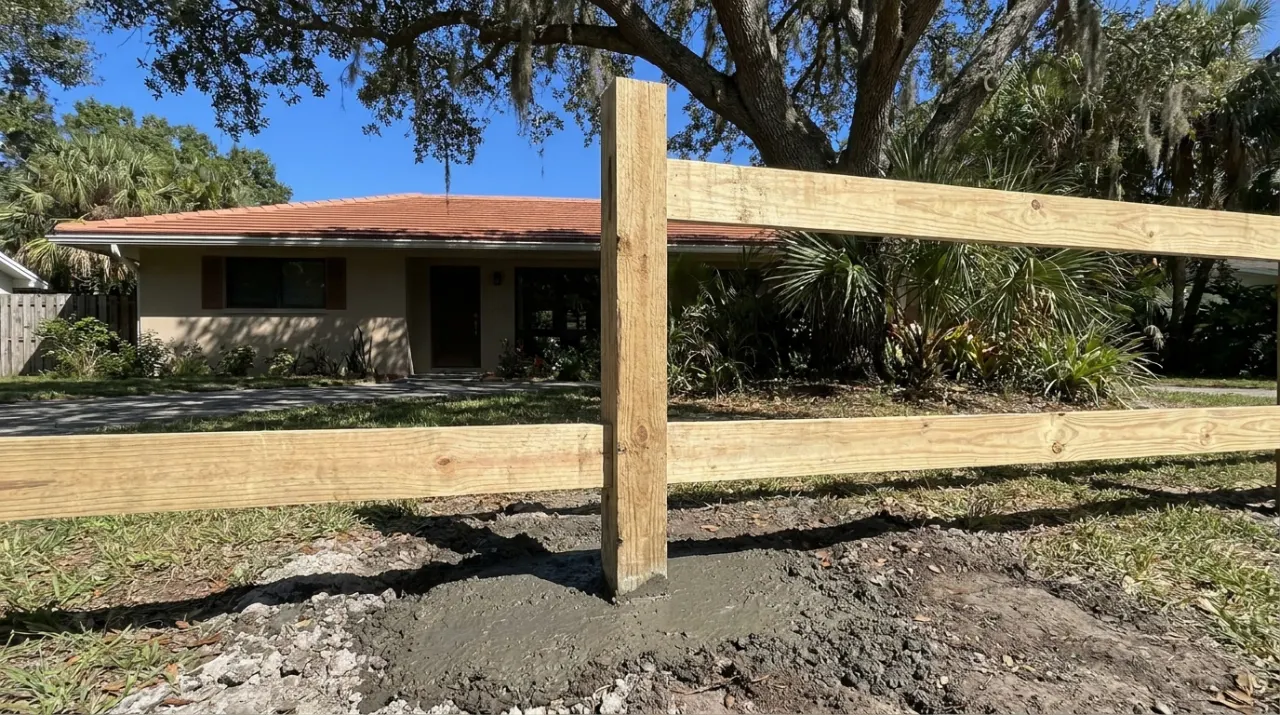 A new wooden fence post set in fresh concrete with level rails.