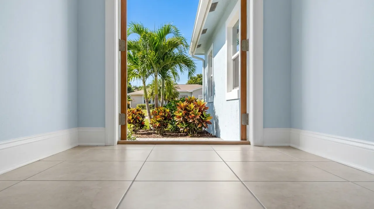 Newly laid large porcelain floor tiles with straight grout lines meeting a white baseboard.