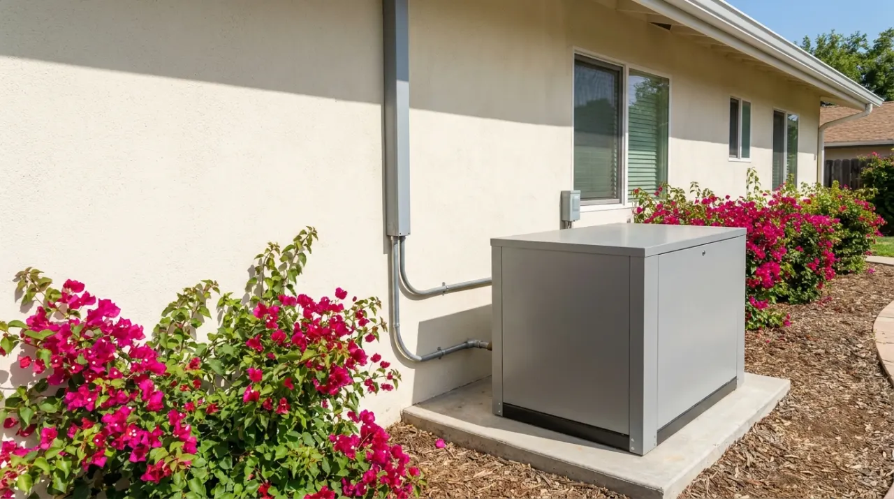 A new standby generator with a gray conduit and a separate gas line running into the house wall.