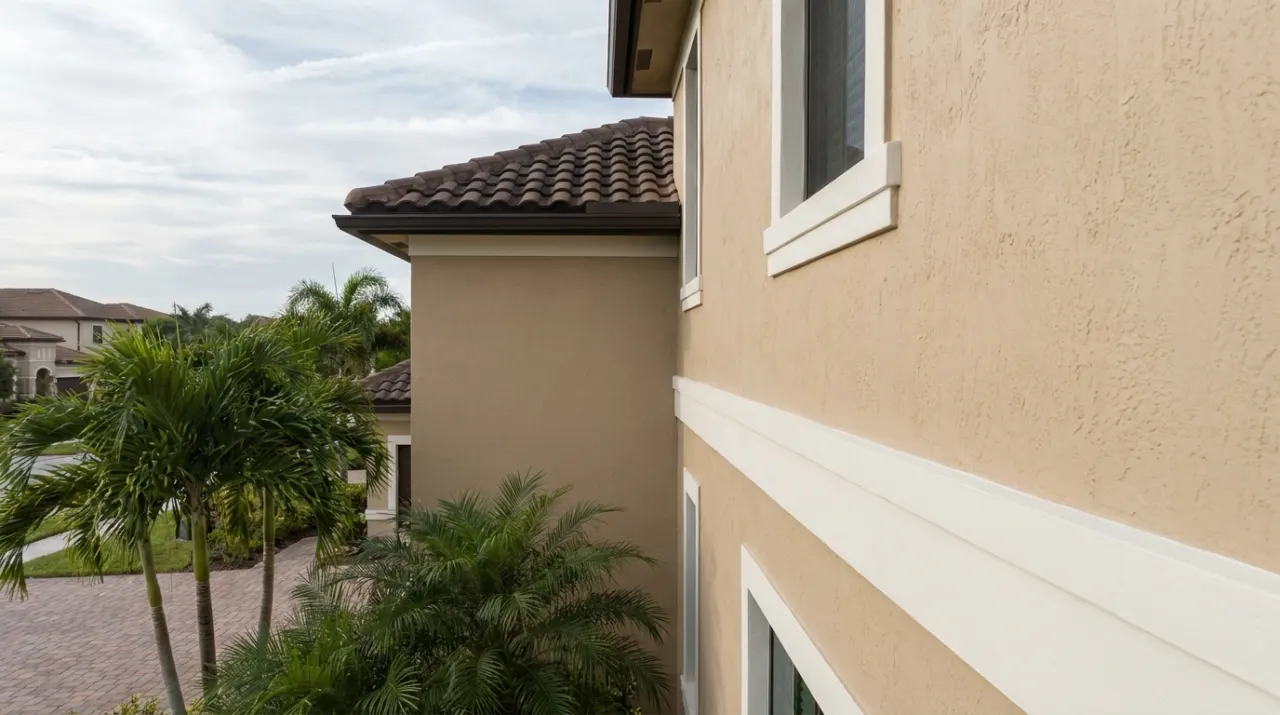A freshly painted stucco wall meeting white window trim in a clean line.