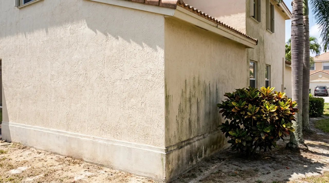 A stucco wall half cleaned, with a sharp line between clean stucco and dark mildew streaks.