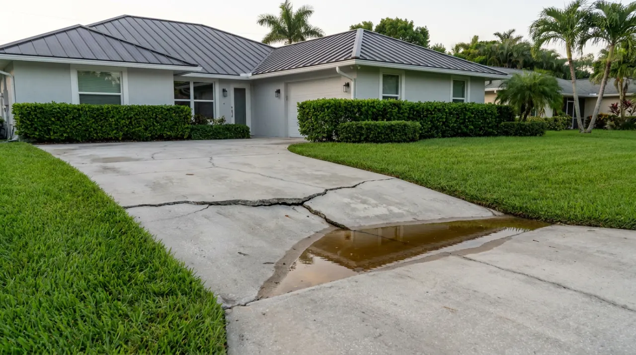 A cracked, sunken concrete driveway slab with standing water in a low spot.
