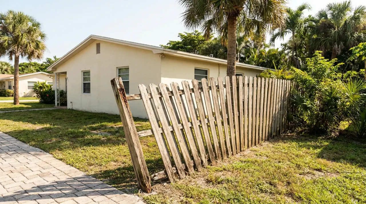 A sagging weathered wooden fence section with a leaning post.
