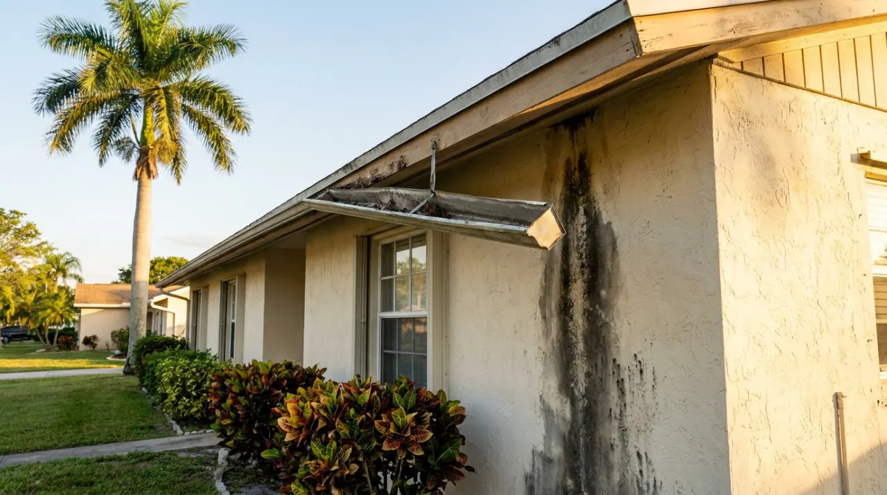 A sagging gutter pulling away from the roof edge, with a dark water stain on the wall below.