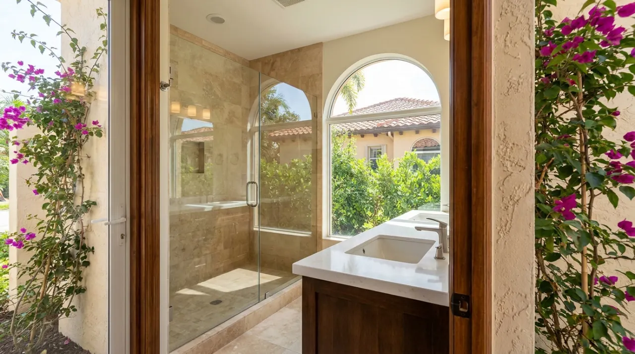A spacious remodeled bathroom with a walk-in tiled shower, a double vanity and a large window.