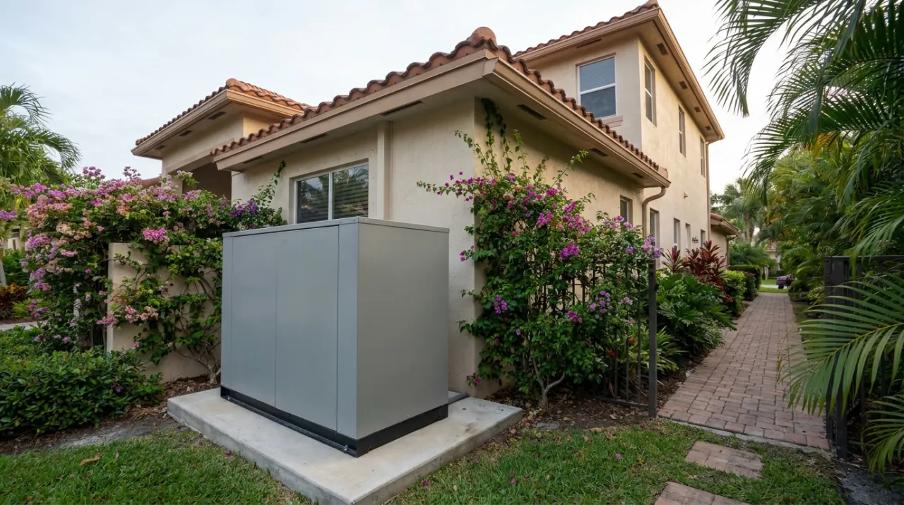 A standby generator on a raised concrete pad in a side yard, with the side of the home in view.