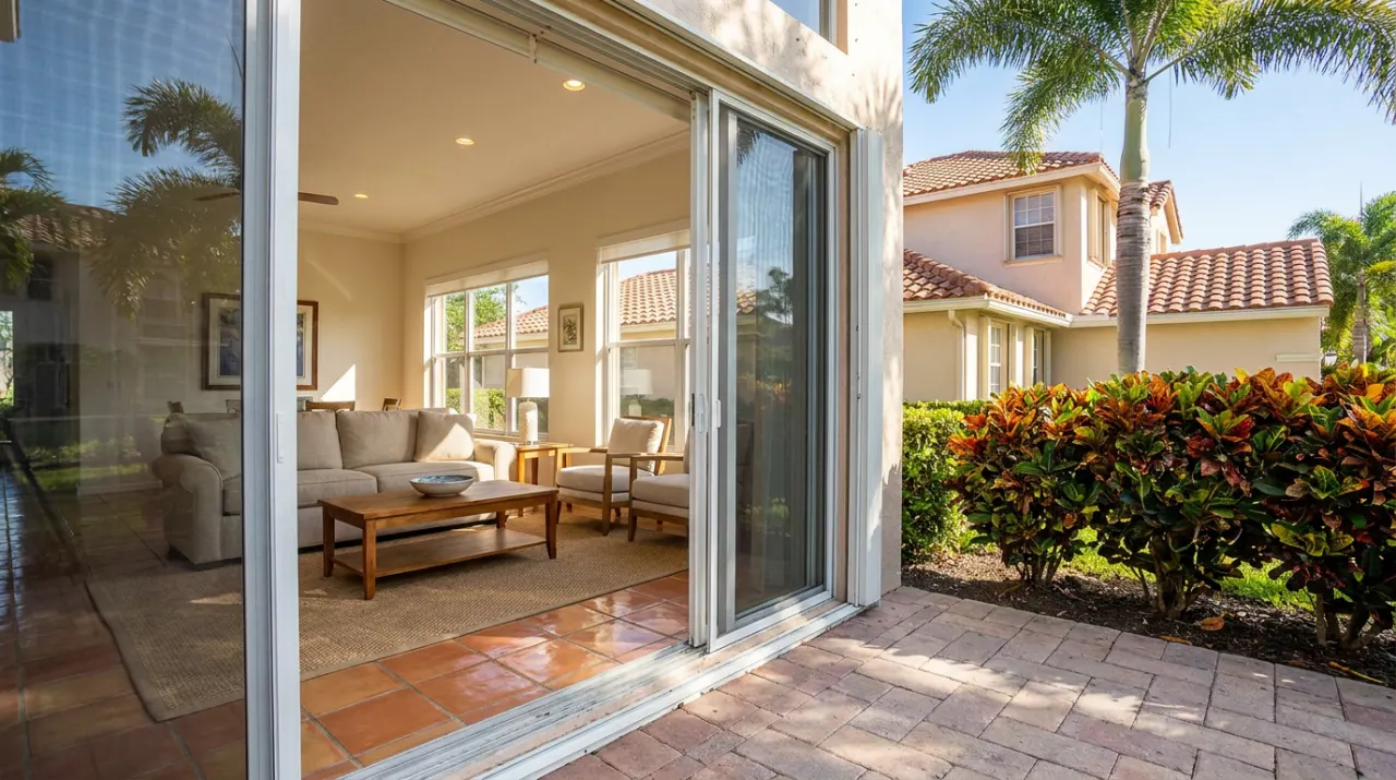 A spotless living room with gleaming tile floors seen through open sliding doors.
