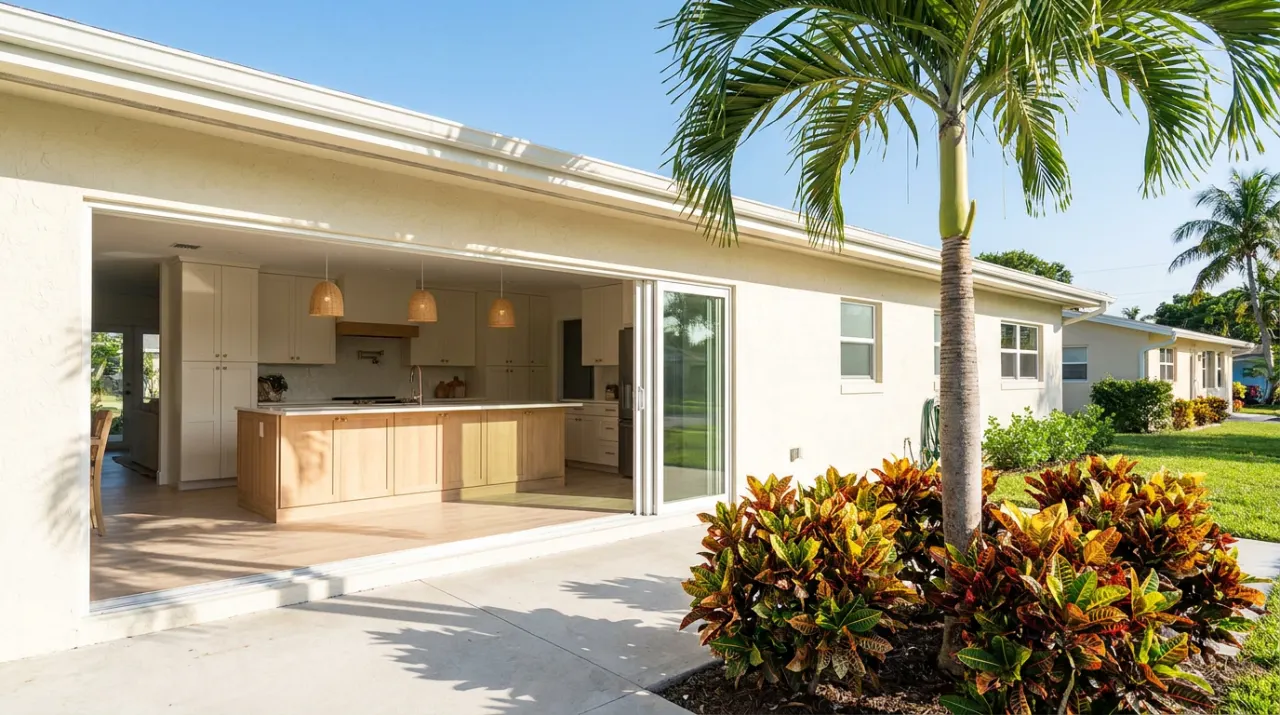 A large remodeled open kitchen with a long island, pendant lights and light cabinets.
