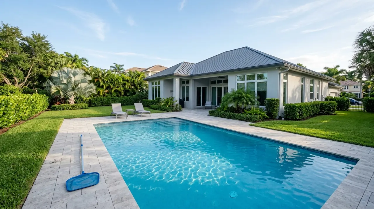A backyard pool with a skimmer net resting on the deck.
