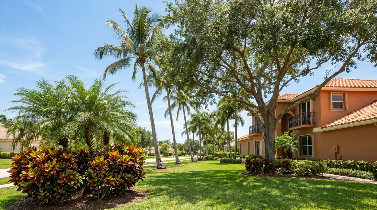 Tall palms and a large shade tree spreading over a roofline.