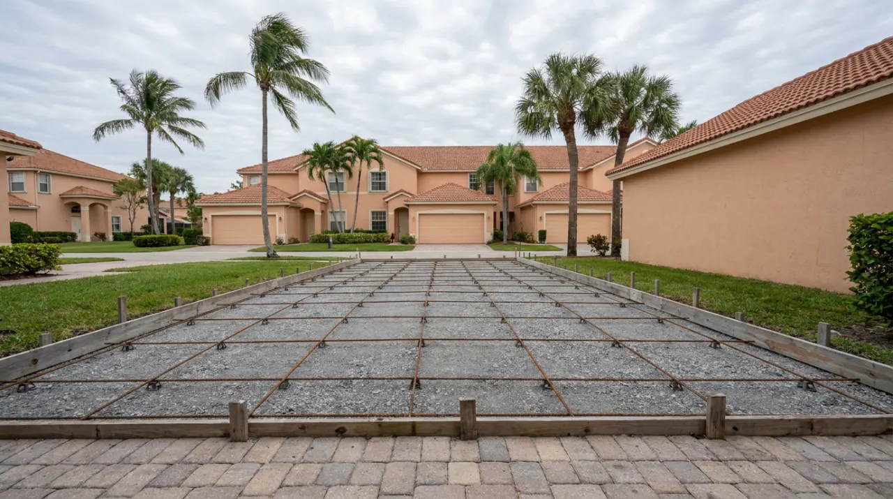 A driveway area with a gravel base, wooden forms and steel mesh, ready for a concrete pour.