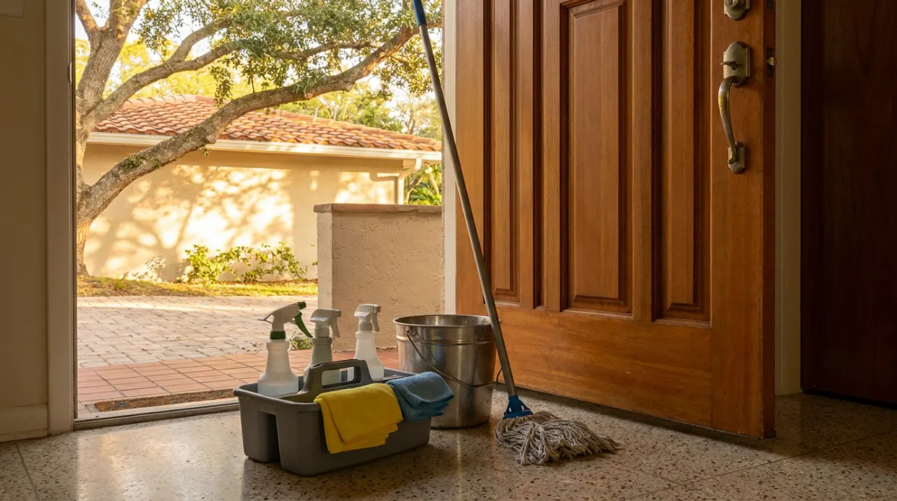 A cleaning caddy with spray bottles, folded cloths and a mop and bucket inside an open front door.