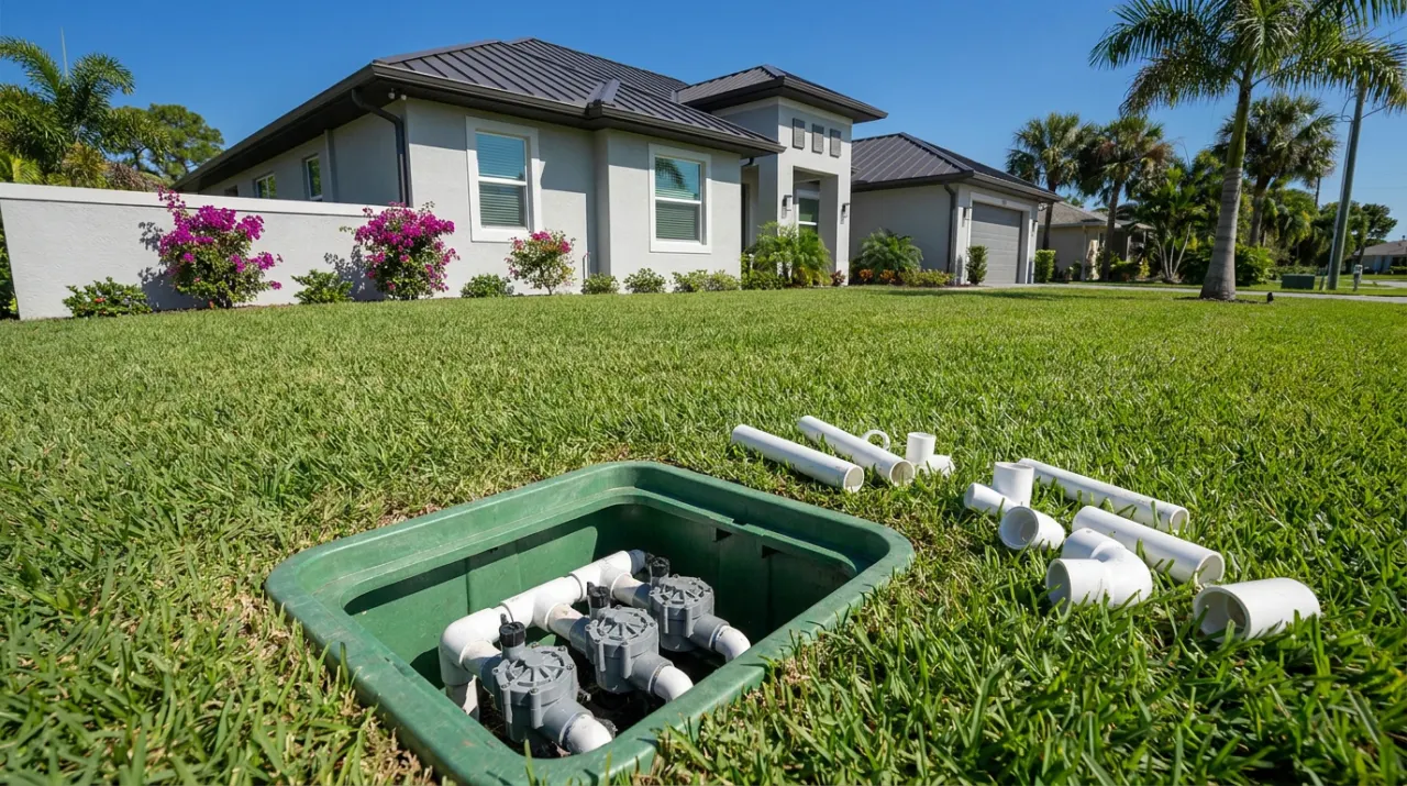 An open irrigation valve box in a lawn with spare pipe fittings beside it.