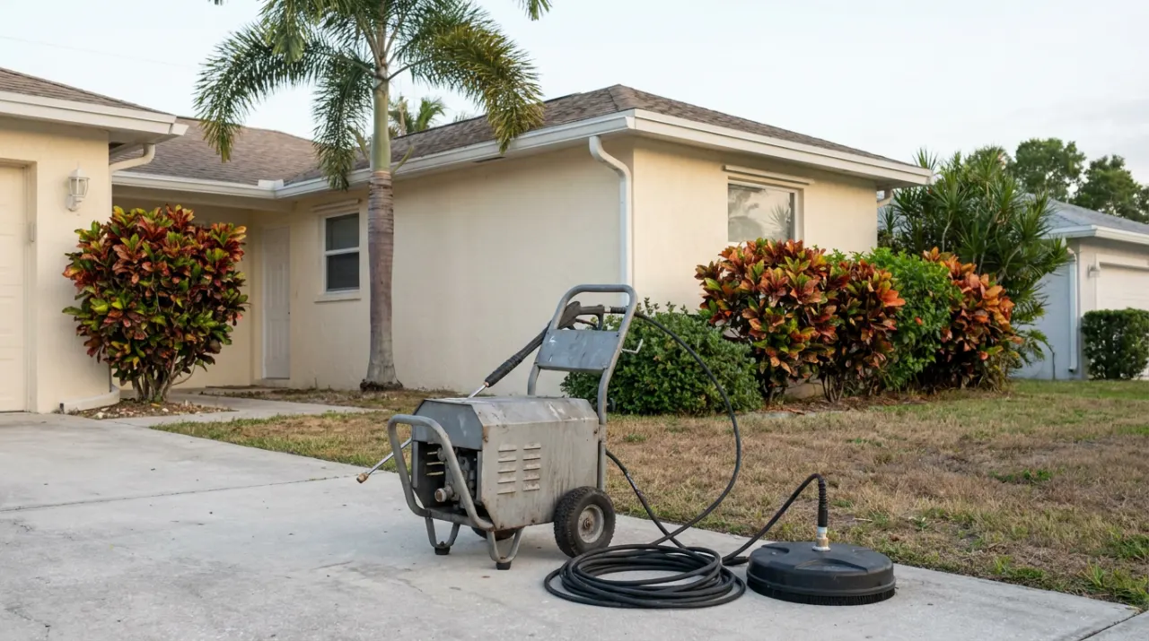 A pressure washer with a coiled hose and a surface-cleaner attachment parked at the edge of a driveway.
