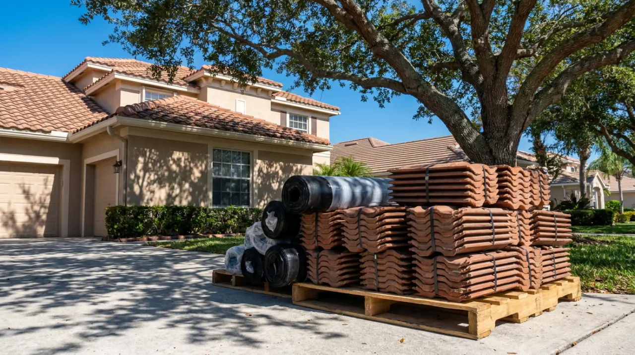 Stacks of new roof tiles and underlayment rolls on a pallet in a driveway.