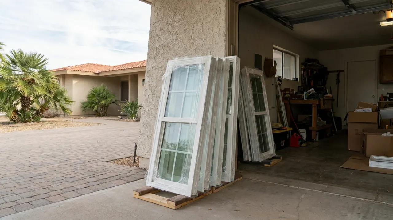 New white-framed windows in protective film leaning against a garage wall, waiting to be installed.