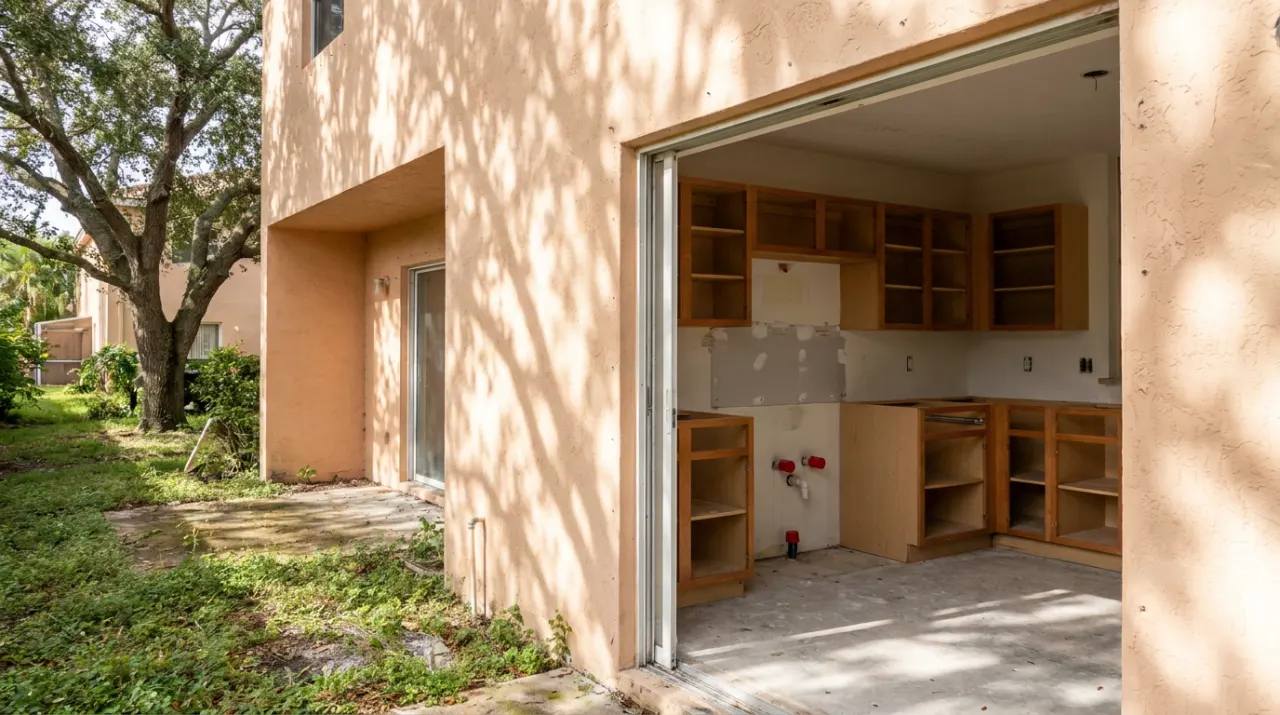 A half-finished kitchen with cabinets missing doors, no countertop and capped pipes in an opened wall.