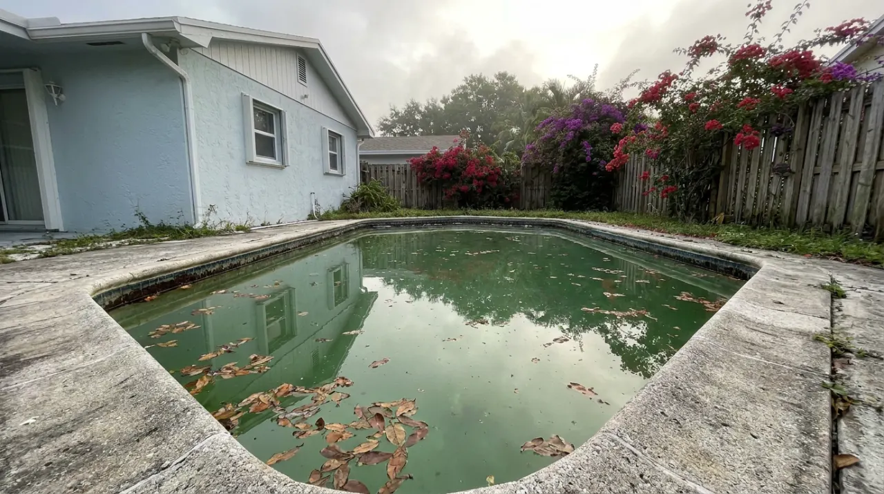 A cloudy green pool with leaves on the surface.