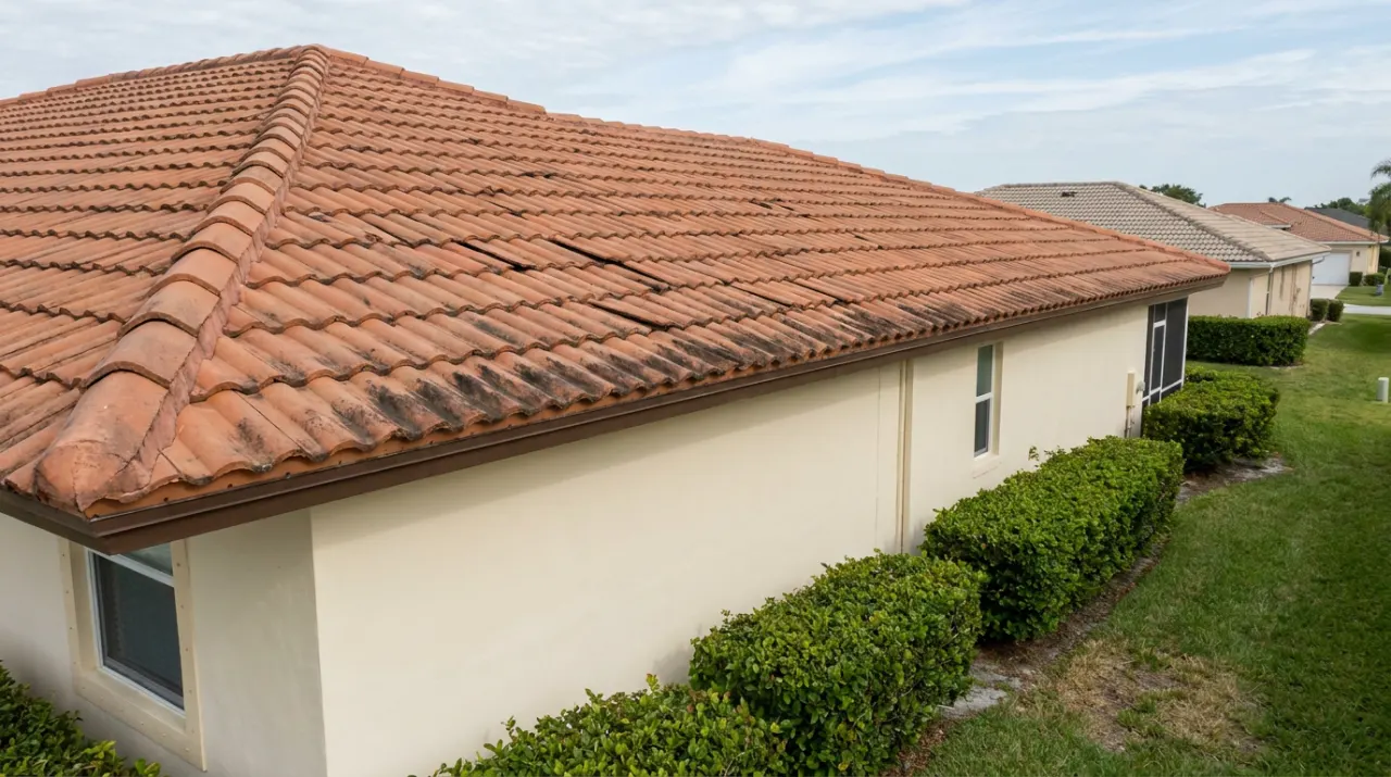 A weathered roof with cracked, slipped tiles and staining near the eave.