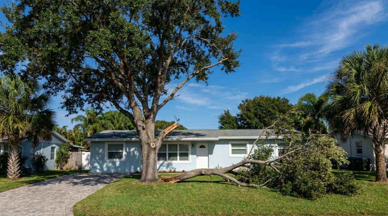 A shade tree with a large split limb resting on the lawn.