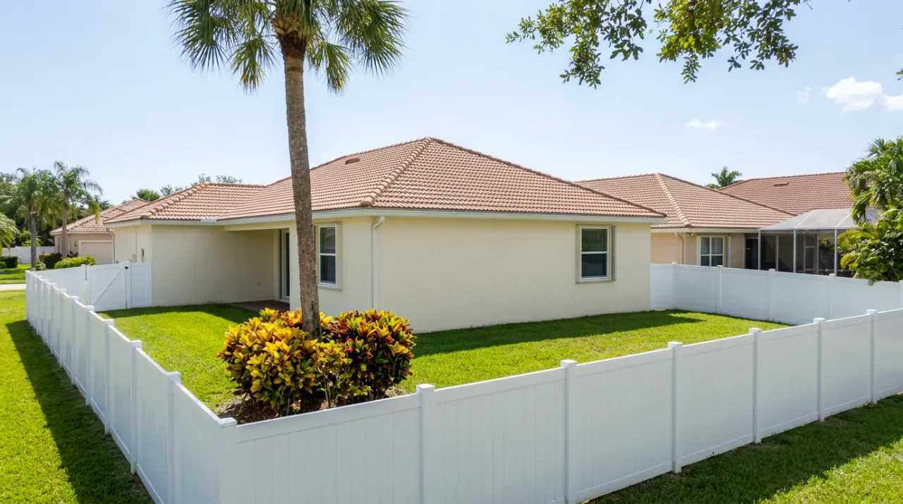 Illustrative image: a white vinyl privacy fence along a grassy backyard