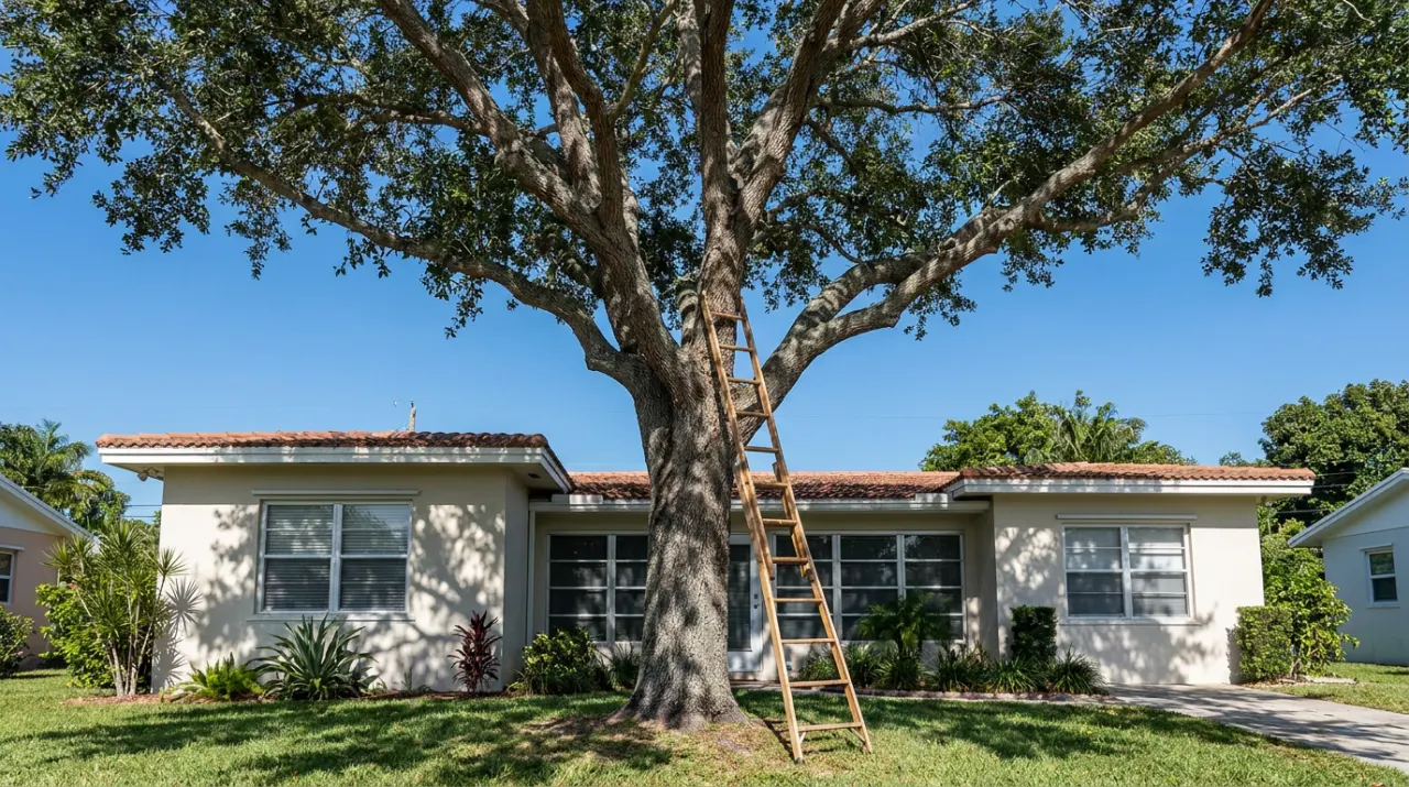 Illustrative image: a tall shade tree beside a Florida home with an arborist's ladder resting against the trunk, no text, no people