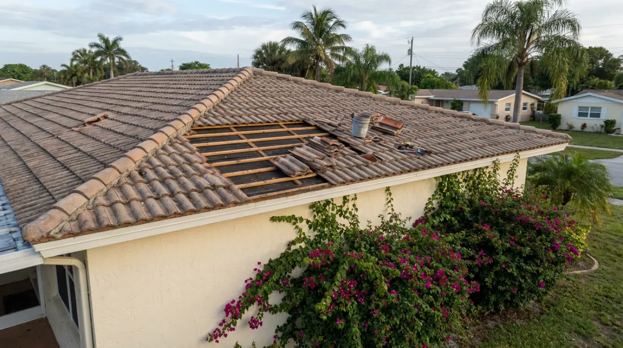 Illustrative image: a section of concrete barrel-tile roof with a few tiles lifted for repair