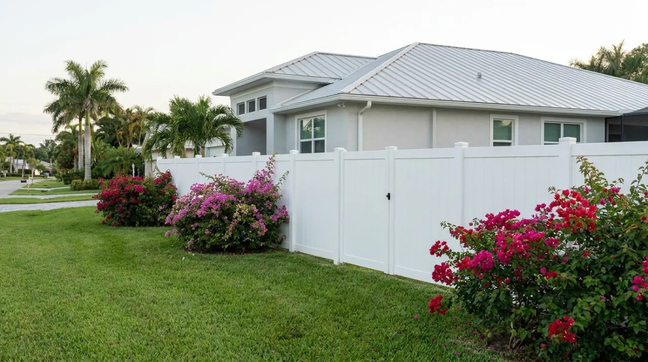 Illustrative image: a white vinyl privacy fence along a grassy backyard