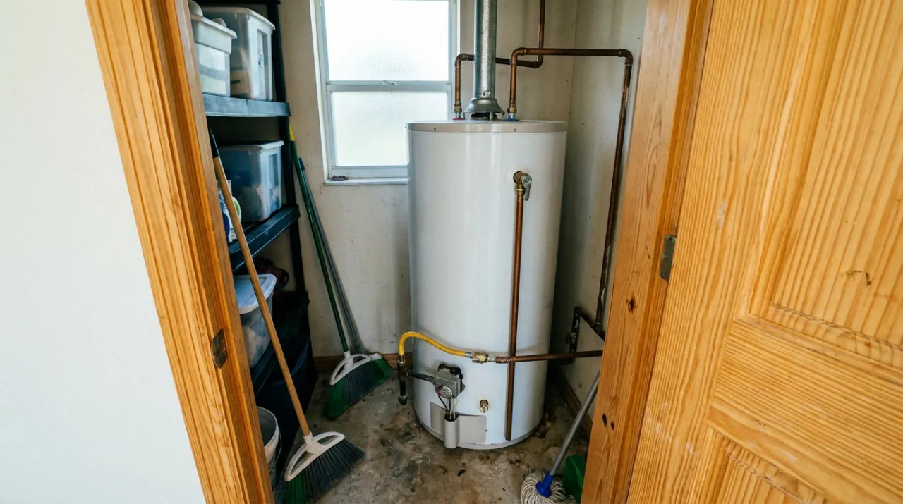 Illustrative image: a tank water heater standing in a home utility closet
