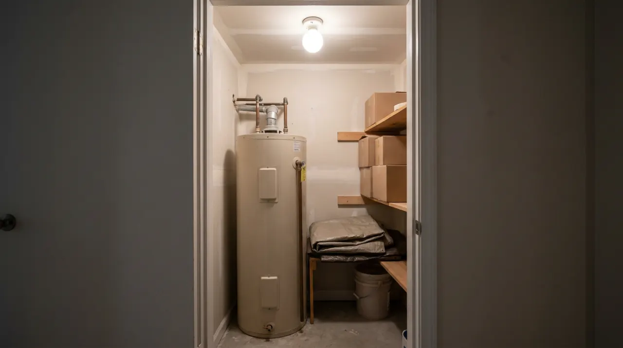 Illustrative image: a tank water heater standing in a home utility closet